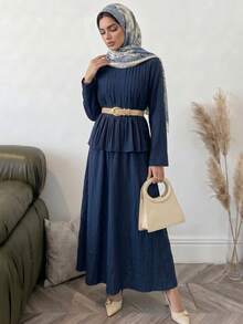 Solavon Conjunto de 2 piezas de camisa y falda de unicolor para mujer - Azul Marino - Ver 5