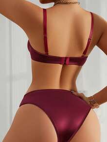 SHEIN 2pcs/Set Women's Simple Solid Color Underwire Bra And Panty Set - Burgundy - View 2