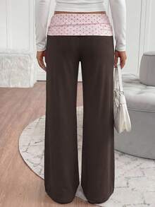 Teen Girl High Waist Color Block Polka Dot Patchwork Casual Loose Long Pants - Brown - View 2