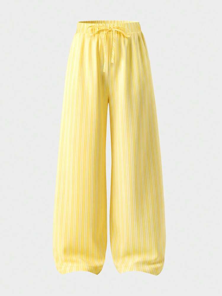 SHEIN Teen Girls' Autumn/Winter Beach Vacation Casual Daily Home Wear Versatile Woven Comfortable Solid Color Loose Pants, Long Pants With Pockets, Drawstring, Lounge Pants, Back To School, , Striped Outfit - Yellow - View 5