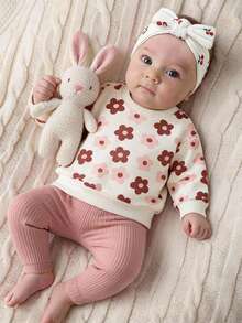 SHEIN Vintaside Kids 女嬰秋冬花卉印花羅紋圓領衛衣打底褲套裝 時尚可愛 親子套裝 2歲生日 粉色米白色 - 粉色 - 查看 4