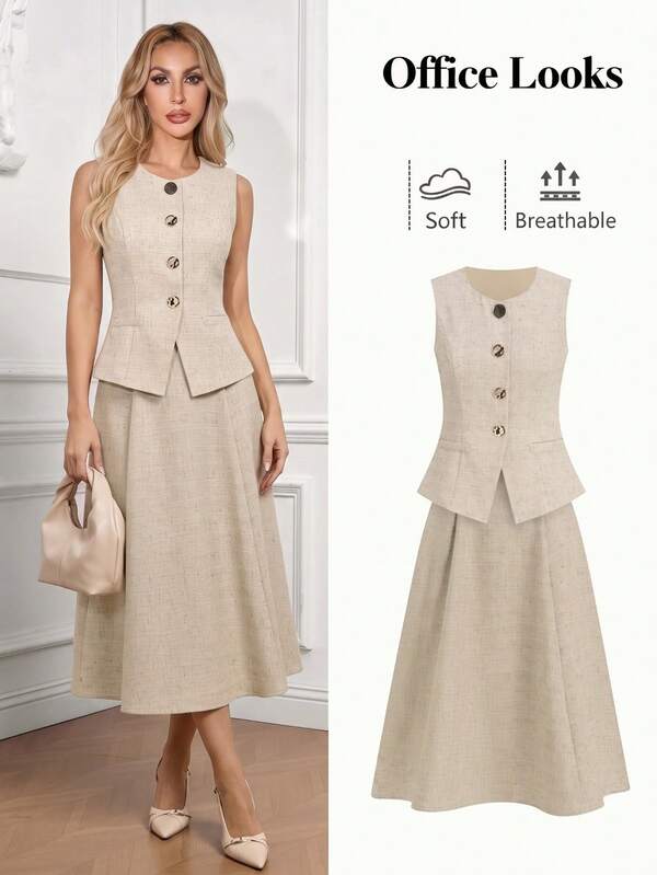 Ellevyn Women's Elegant Beige Summer 2-Piece Set,Vest Top & A-Line Skirt,Linen-Feel Tweed Suit For Business Casual,Work,Vacation & Tea Party Outfit