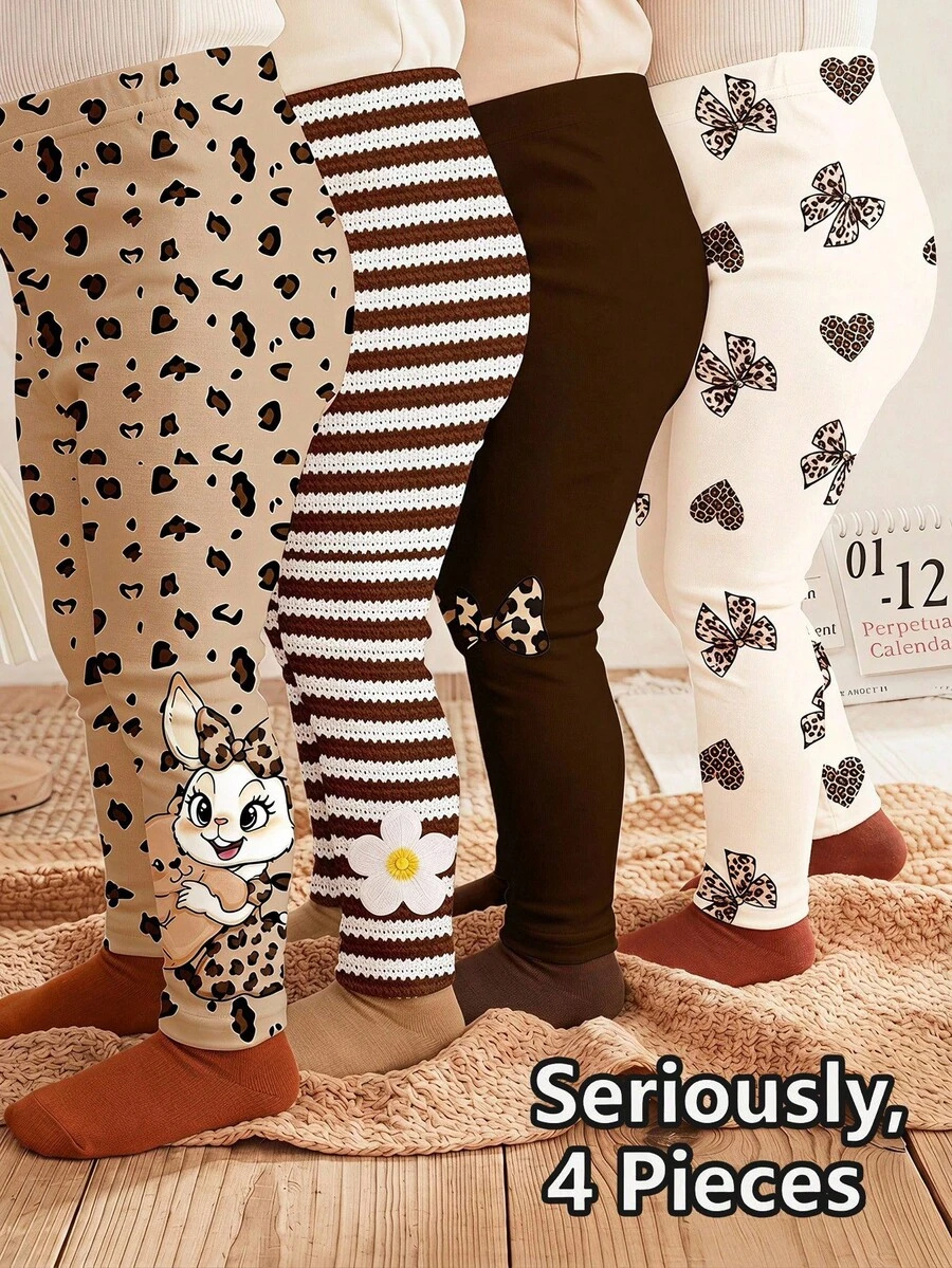 Seriously, 4 Pieces, Cute Sweet Maillard Color Leopard Print Cartoon Rabbit, Striped, Heart Bow Leopard Print, Baby Girl Bottoms, Outdoor Picnic, Outing, Street Style, Chill Chill - Multicolor - View 1