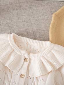 SHEIN Cárdigan casual de punto de color liso con cuello redondo y ribete de volantes para niña bebé - Burdeos - Ver 4