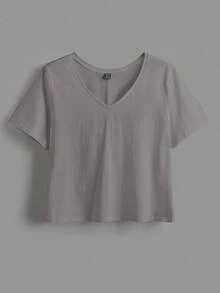 SHEIN BASICS Plus 1件純色V領短版T恤 夏季上衣 女款夏季穿搭 - 深灰色 - 查看 6