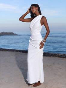Opulessa Spring/Summer Vacation Knitted One-Shoulder Fitted Dress For Women Beach Vacation White Sexy Tropical - White - View 4