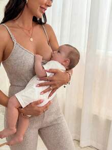 SHEIN 孕婦哺乳功能鈕扣繫帶口袋休閒連身褲 - 杏色 - 查看 3