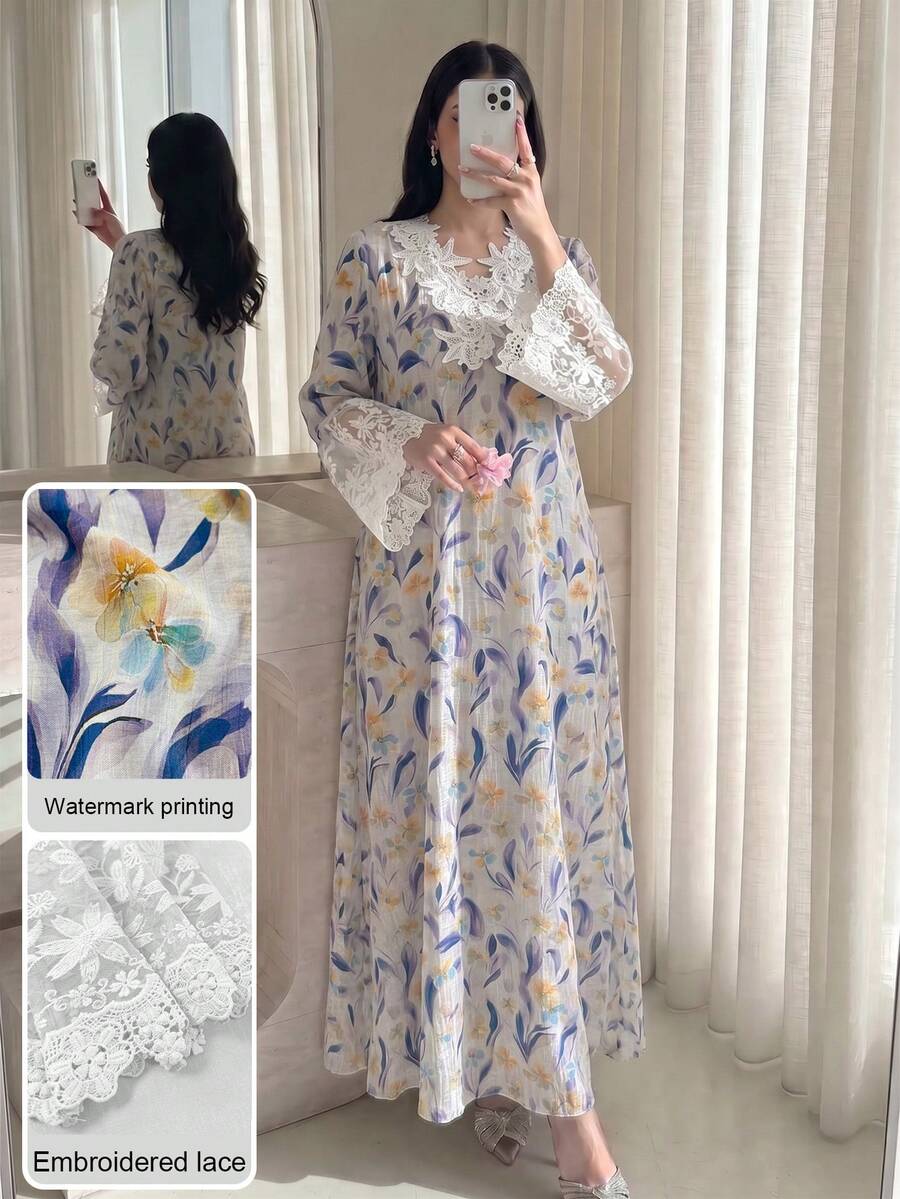 SHEIN Najma V領胸前花朵長袖拼接蕾絲開衩喇叭女款土耳其阿拉伯傳統長版襯衫