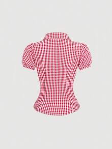 Sweetra 女款復古 70 年代紅白格紋百褶短袖襯衫，修身設計，適合春夏季慕尼黑啤酒節、野餐、度假 - 紅白色 - 查看 2