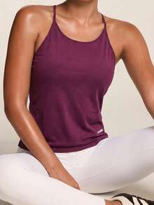 SHEIN BAE Powerista Solid Color Fashion Sport T-Shirts & Tanks, Suitable For Summer Women's Casual Sports Solid Color Tank Top Cut Out Back Solid Sports Tee Gym Top Workout Tank Top Purple  Seksi Chic  For Daily Wear Yoga Yoga Studio Tennis  Gym Indoor Outdoor Active - Burgundy - View 4