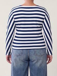 Solavibe Plus Size Navy Blue Colorblock Long Sleeve Casual Traditional T-Shirt, Ribbed Tops For Women, Blue White Stripe, Blouses Autumn Beach Formal Fall - Blue - View 2