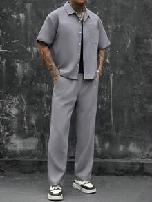 SLATEMANN 男士極簡純色襯衫套裝，寬鬆休閒短袖上衣與直筒長褲2件套，成熟風格 - 灰色 - 查看 1