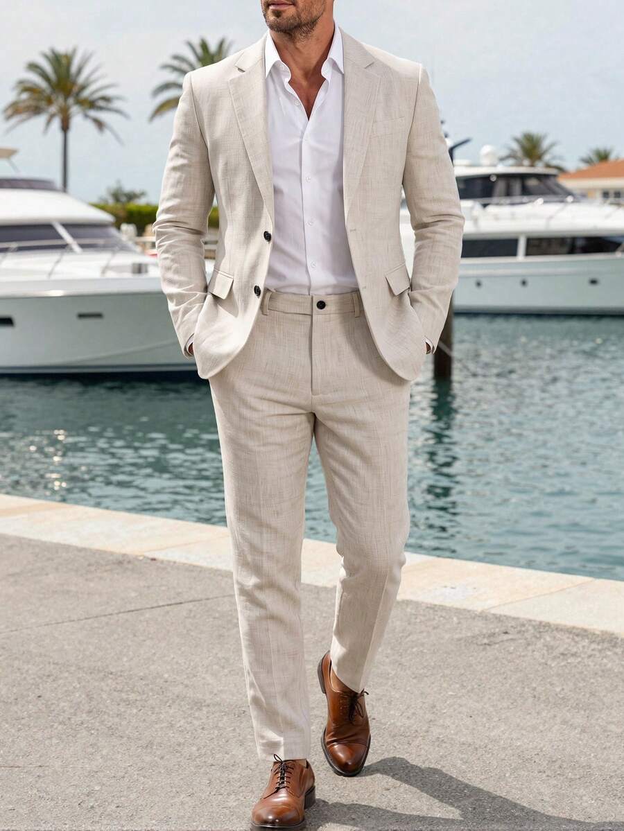 Manfinity Mode Men's Casual Versatile Jacket & Pants Suit Set - Apricot - View 1