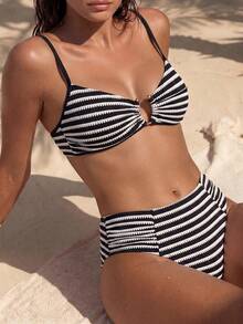 Swim Chiccia 女款夏季海灘條紋拼接細肩帶性感比基尼三角褲兩件式泳衣套裝 - 黑與白 - 查看 1