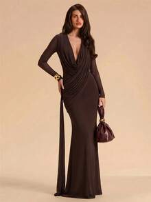 SHEIN BAE Women's Elegant Sexy Solid Color Ruched Mermaid Dress - Brown - View 7