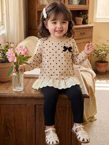 SHEIN Sweatshirt Bayi Perempuan Modis dengan Bordir dan Hiasan Renda di Bagian Bawah - Aprikot - View 3