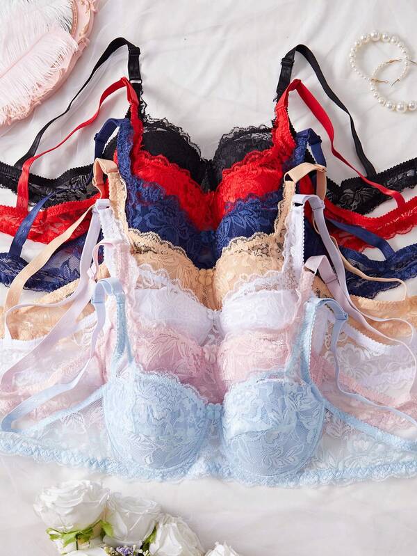 DesireSculpt 7pcs/Set Sexy Lace Women's Underwear Lingerie Bra, Thin Simple Style Lingerie Bra