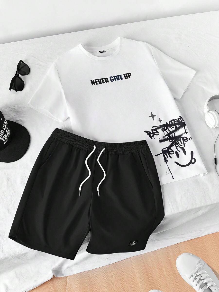 NORVETH Men's Summer Casual Loose Short Sleeve T-Shirt Set White Standard Size Rubber Print - Black and White - View 1