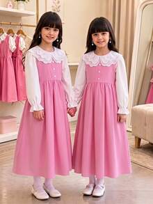 SHEIN Vestido para niña preadolescente con bloques de color, patchwork, bordado y diseño calado - Rosa - Ver 2