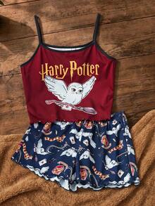 HARRY POTTER X SHEIN 少女猫头鹰印花吊带背心和短裤睡衣套装 - 紅色 - 查看 1