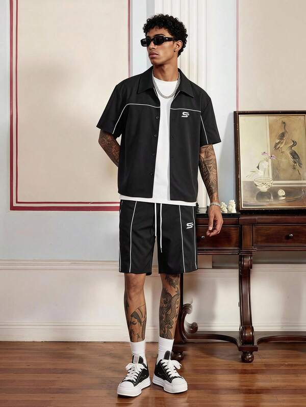 SWAVVY Men's Embroidered Striped Single-Breasted Short Sleeve Shirt And Drawstring Waist Shorts Set