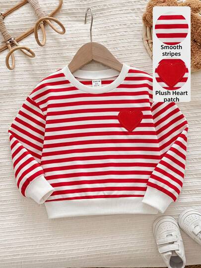 SHEIN Young Girl Spring/Autumn Casual Striped Heart Embroidery Sweatshirt