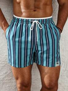 Manfinity KASUA Men's Vacation Drawstring Waist Letter Print Denim Beach Shorts - Green - View 3