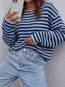 SHEIN LUNE Women's Blue Striped Slouchy Crew Neck Loose Knit Slimming Versatile Long Sleeve T-Shirt - Multicolor - View 6