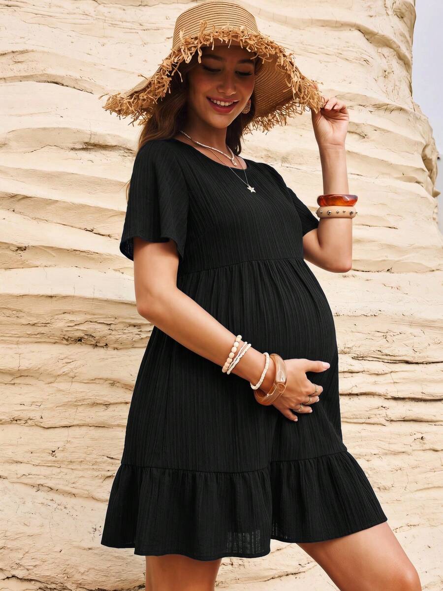 Boho Mama Maternity Vacation Solid Color Textured Ruffle Hem Round Neck Dress - Black - View 1