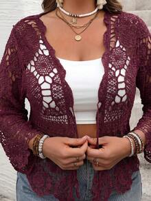 SHEIN CURVE+ Women's Plus Size Solid Color Front Tie Long Sleeve Knit Hollow Out Cardigan, Suitable For Beach Vacation, Bohemian Romantic Style Fall Burgundy - Red Violet - View 5
