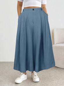 Shapeblank Pantalones de pierna ancha de unicolor versátiles y casuales de talla grande - Azul - Ver 3