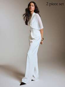 COSMINA Women's Mesh Patchwork Waist-Cinched Blazer & Wide Leg Pants Set - White - View 3