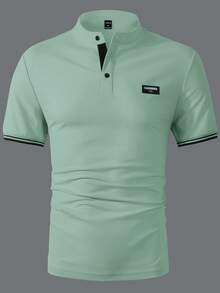 Manfinity Homme Camisa polo de mezclilla con rayas, bloques de color y medio cierre para hombre - verde menta - Ver 7