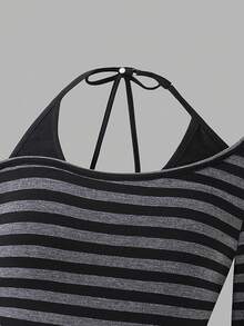 Tween Girl Fall Tops Fall Striped 2 In 1 Halter Neck Long Sleeve Top, Cold Shoulder Design With Atmospheric Vibe, Autumn - Black - View 4