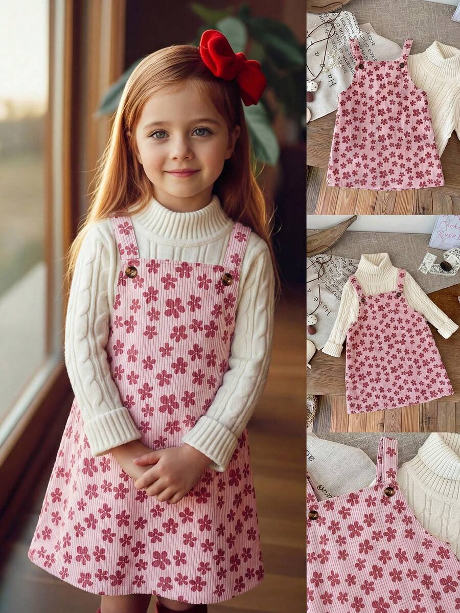 Emery Rose Kids Emery Rose Kids 小女孩兒童可愛酒紅色燈芯絨秋冬連身裙,附荷葉邊口袋與肩帶設計 - 粉色 - 查看 1