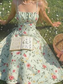 SHEIN MOD Vestido con tirantes y cordón ajustable con estampado floral para mujer - Multicolor - Ver 3