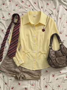 SHEIN Tween Girl Elegant Spring/Summer Woven Bow Decor Striped Shirt, Can Be Worn As Inner Layer Or Outer Layer - Yellow - View 5