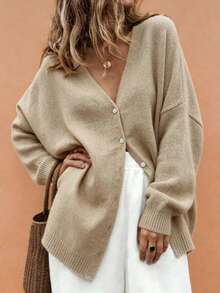 SHEIN LUNE Plus Size Women's Autumn/Winter Casual Style, Minimalist Versatile Gentle Style, Solid Color V-Neck Single-Breasted Lantern Sleeve Loose Knit Cardigan, Suitable For Autumn/Winter Wear - Apricot - View 1
