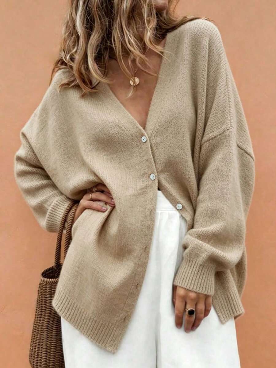 SHEIN LUNE Plus Size Women's Autumn/Winter Casual Style, Minimalist Versatile Gentle Style, Solid Color V-Neck Single-Breasted Lantern Sleeve Loose Knit Cardigan, Suitable For Autumn/Winter Wear - Apricot - View 1