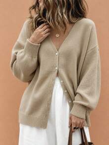 SHEIN LUNE Plus Size Women's Autumn/Winter Casual Style, Minimalist Versatile Gentle Style, Solid Color V-Neck Single-Breasted Lantern Sleeve Loose Knit Cardigan, Suitable For Autumn/Winter Wear - Apricot - View 3