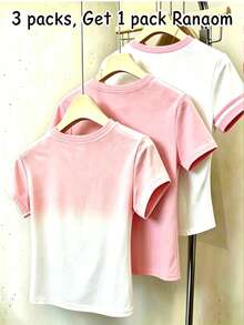 SHEIN 1件隨機款女款漸層粉色水鑽蝴蝶短袖三件套，溫柔圓領撞色馬尾T恤，修身短版上衣，韓系百搭基礎款，平價通勤休閒甜美穿搭組合，四季可穿，盲盒3合1 - 彩色 - 查看 2
