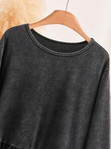 CosyJoli Plus Size Washed Snowflake Long Sleeve T-Shirt, Ruffle Trim T-Shirt, Casual Women's Autumn Long Sleeve Top - Black - View 3