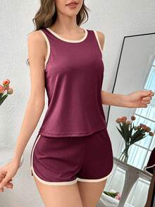 SHEIN 女款對比滾邊休閒背心與短褲家居服套裝 - 紫紅色 - 查看 5