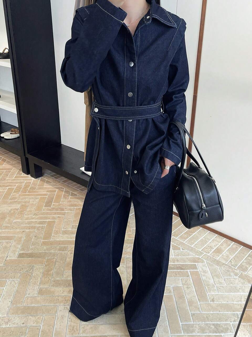 Women's Loose Waist Belt Denim Set