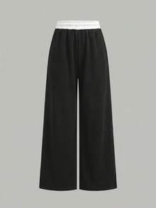Girlism 青少年女孩運動長褲，春夏秋冬四季皆宜，新款針織休閒拼色白色抽繩淺色印花寬鬆運動褲，返校穿搭，百搭日常百搭款 - 黑與白 - 查看 4