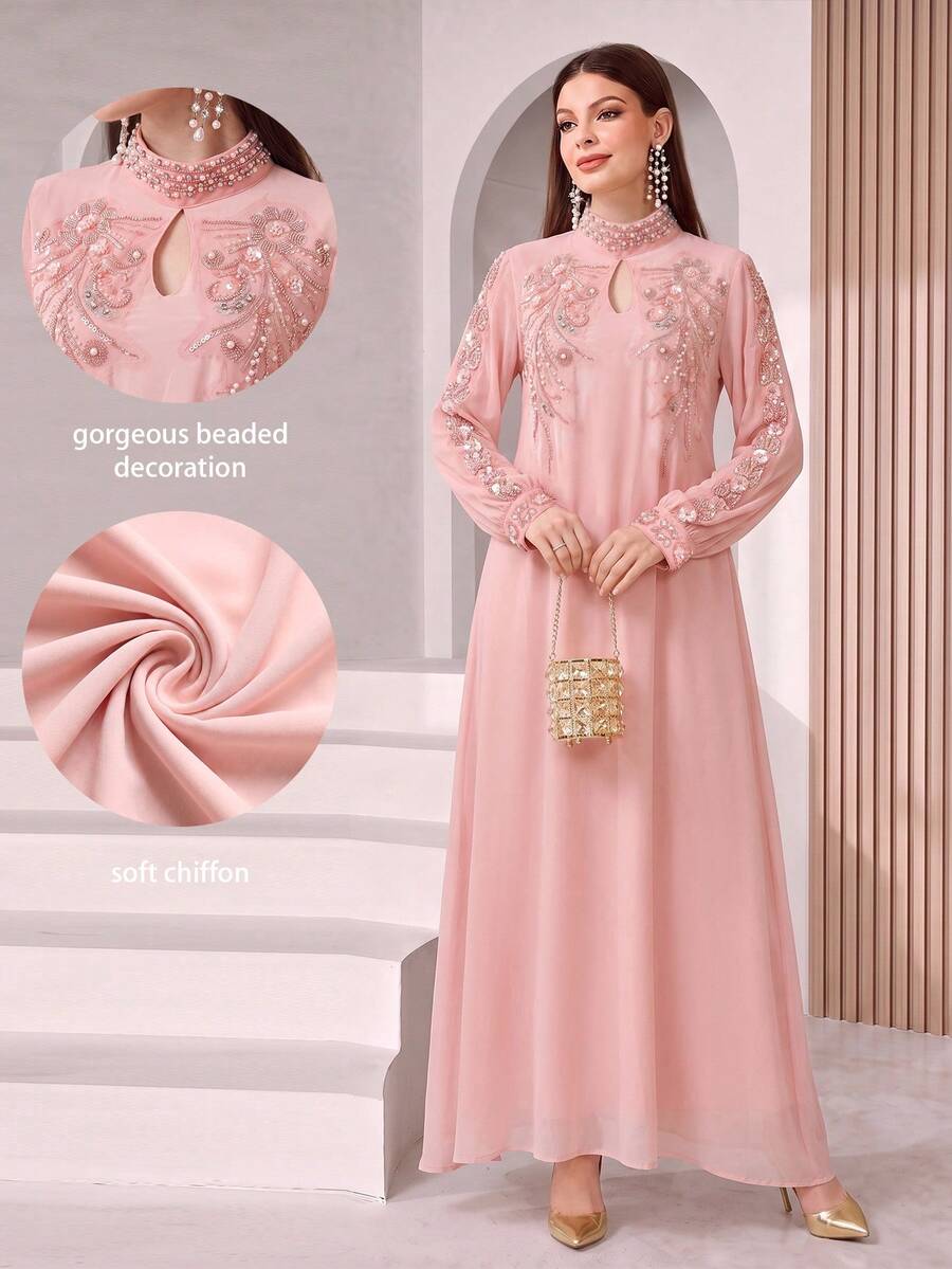 SHEIN Najma 优雅蕾丝边饰串珠装饰女式连衣裙 - 淺粉色 - 查看 1
