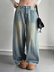 DAZY Women's Distressed Washed Faded Loose Wide Leg Jeans With Pockets, Casual Streetwear Vacation Spring Autumn Long Pants School - Blue - View 3