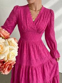 Modelyn Women's Elegant V-Neck Ruffled Sleeve Embroidered Vacation Dress Fall Cloth For Women - Hot Pink - View 2