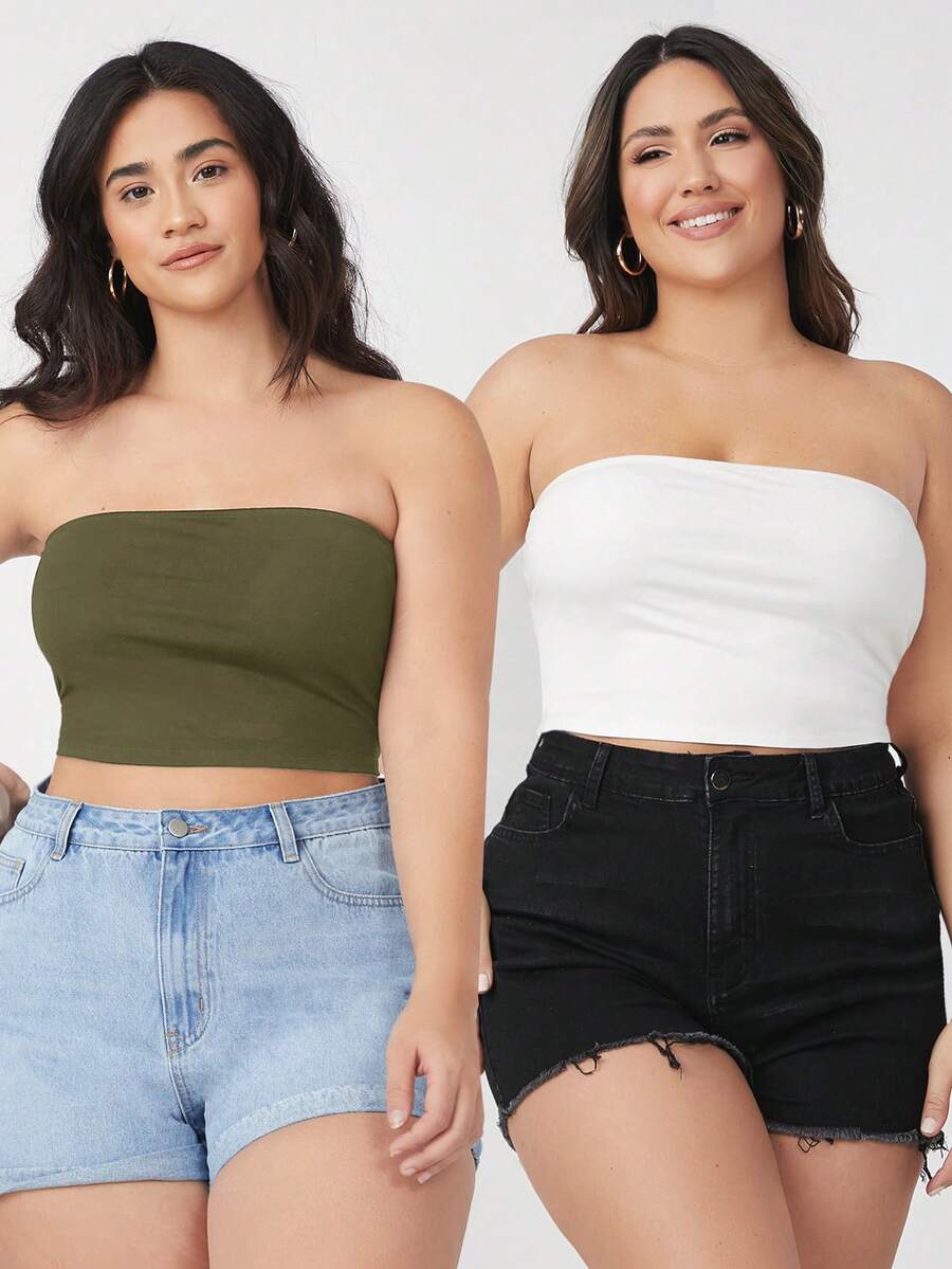 SHEIN BASICS 大尺碼 2 件組短版抹胸上衣/夏季/露肩上衣 夏季上衣 - 彩色 - 查看 1