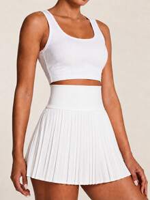 SHEIN BAE Movishi High Stretch Women's White Pleated Knitted Mini Skirt: Casual And Style With Built-In Shorts For Comfort,Built-In Shorts,Summer Skort Sports - White - View 4